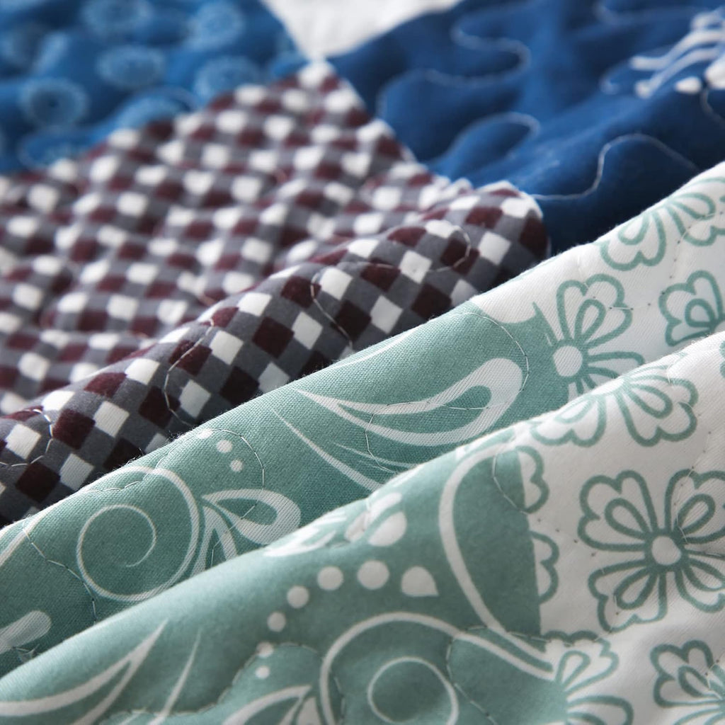 Reversible Patchwork Quilt Bedding Set Queen Blue Green Grey Plaid Floral Pattern Bedspread Set Soft Microfiber