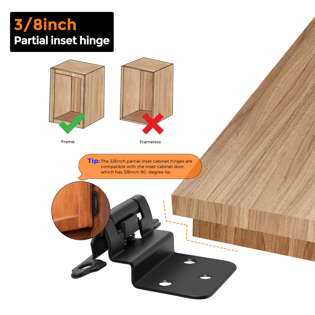 3/8" Inset Matte Black Cabinet Hinges 6 Pack (3 Pairs)