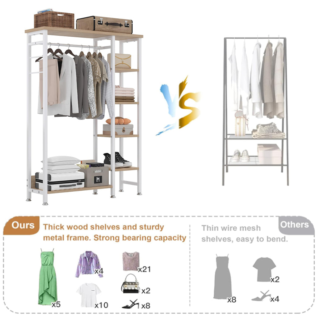 Open Garment Clothing Rack, Free-Standing Heavy Duty Storage Closet with 5 Shelves and Hanging Rod for Small Spaces