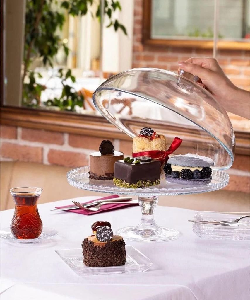 Cake Stand with Dome Lid, Glass Desert Serving Plate and Cover, Footed Pastry Display Server, 12.60 inch Wide Glass