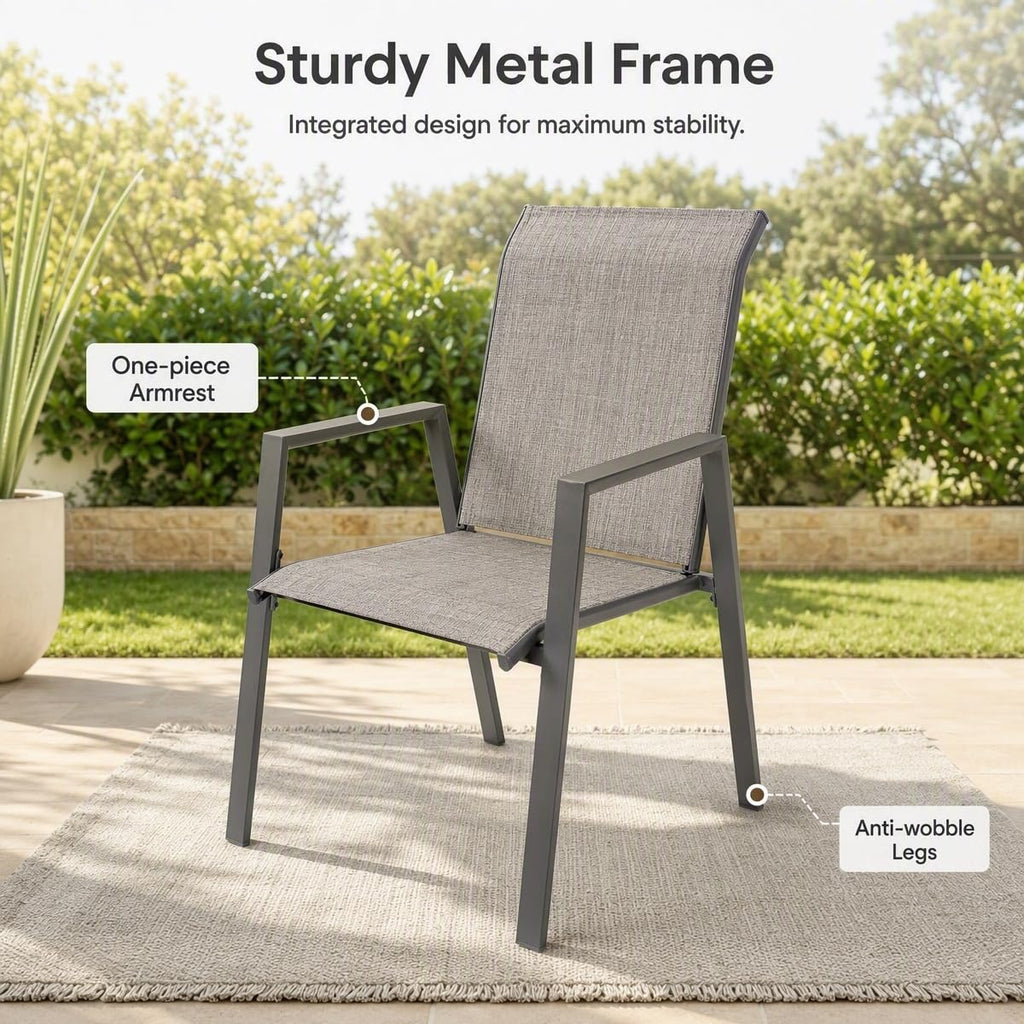 Stackable Patio Chairs Set of 2, Outdoor Dining Chairs with High Back & Metal Frame, Lightweight Sling Chair for Lawn