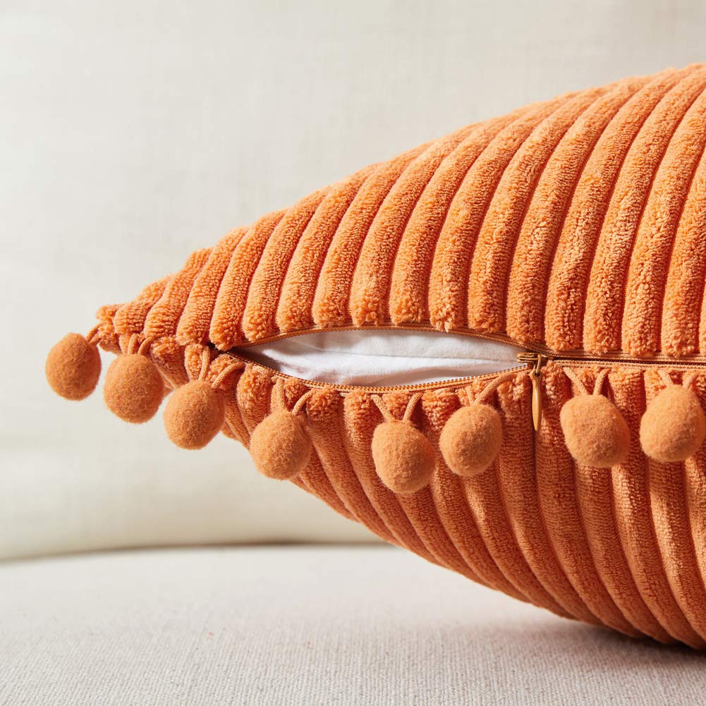 Pack of 2 Corduroy Fall Decorative Throw Pillow Covers with Pom-poms, Solid Square Cushion Case Pillow Cases Set for
