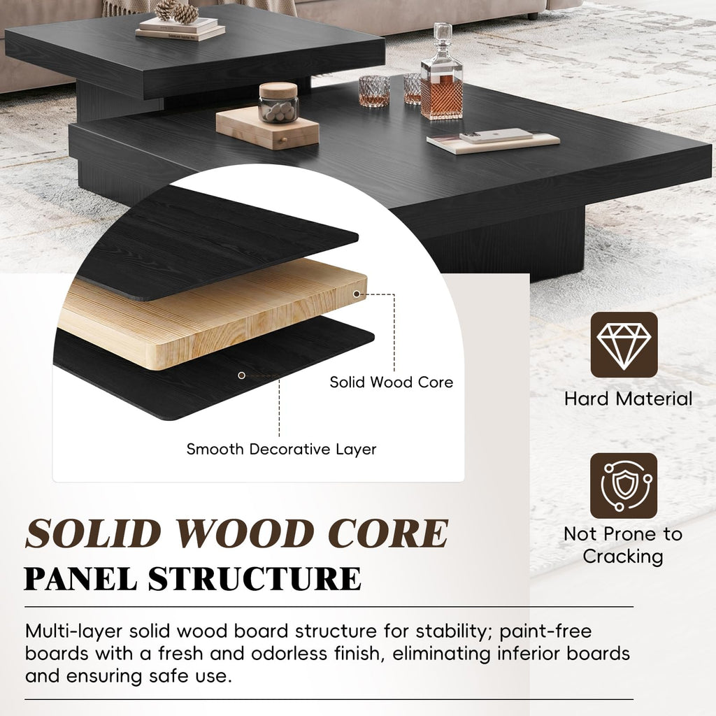 Nesting Coffee Table Set of 2, Square Centre Table, Modern Accent Table with 1.6" Thick Tabletop, Wood Coffee Tables