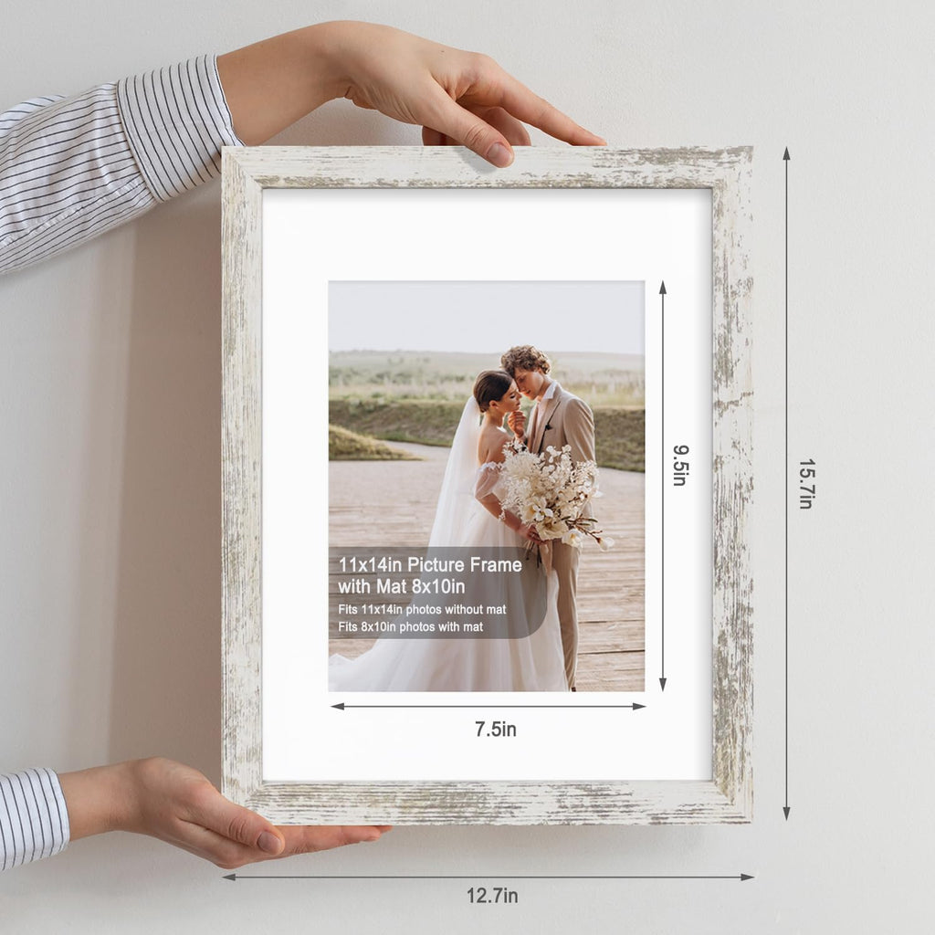 11x14 Picture Frame Set of 4, Made of Glass and Distressed White Wooden Frame, Display 8x10 Pictures with Mat or 11 x