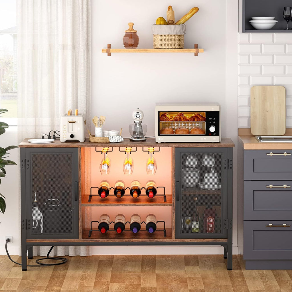 Wine Bar Cabinet with Power Outlets & LED Lights, Rustic Brown | Industrial Coffee Bar Cabinet with Wine Rack Bar