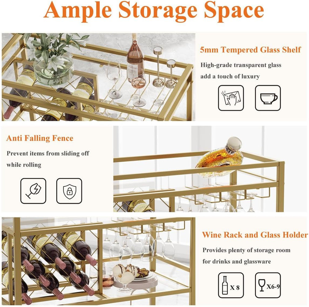 Bar Cart Gold, Home Bar Serving Cart with Wine Rack and Glasses Holder, Wine Carts on Wheels with 3 Tier Mirrored
