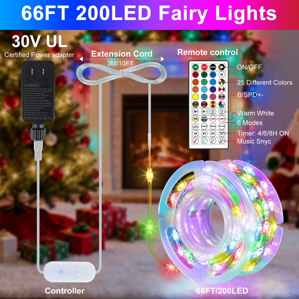 66FT 200 LED Smart String Lights, Plug in Fairy Lights with APP & Remote Control, Music Sync, RGB Warm White, Timer