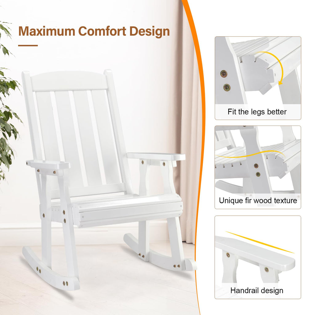 Heavy Duty 600 LBS Outdoor Wooden Rocking Chair with Higher Backrest, Patio Rocking Chair with Ergonomic Design