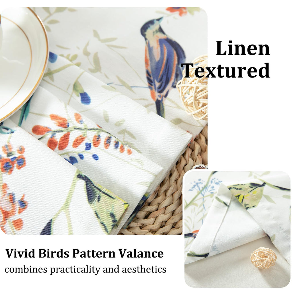 Birds Print Country Style Valance, Washable Faux Linen Window Topper for Small Windows, Decorative Rod Pocket Curtain