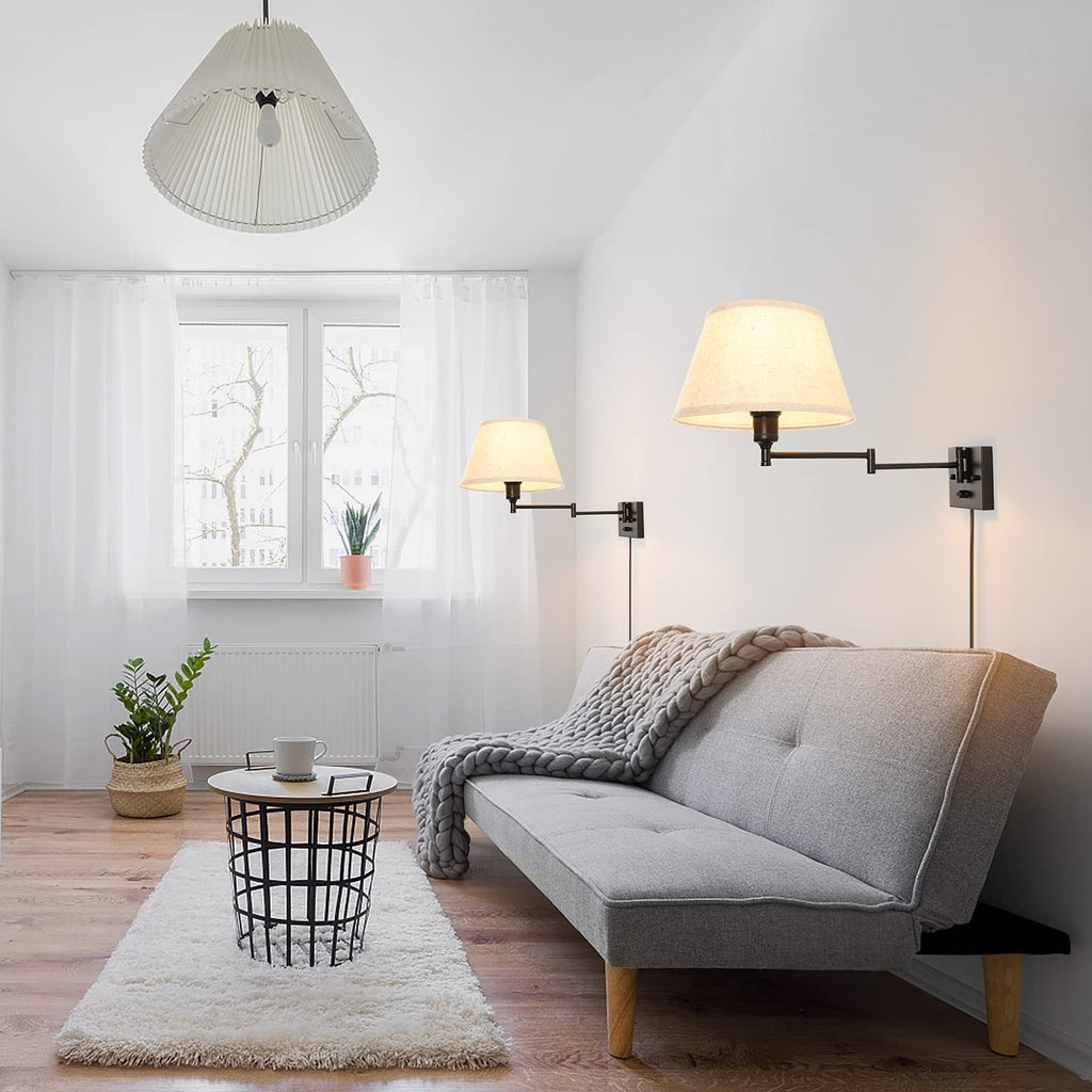 Dimmable Wall Sconce Plug in, Wall Sconces Set of Two Swing Arm Wall Lights with Plug in Cord and On/Off Dimmer