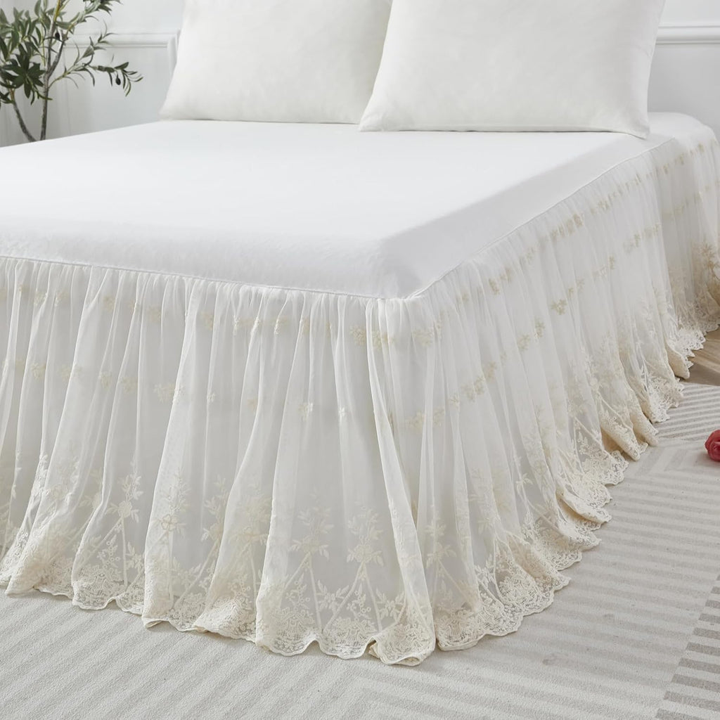Luxury Ivory White Lace Bed Skirt Queen Size Split Corners Romantic Vintage Girls Bed Cover Dust Ruffle Bed Skirts 18