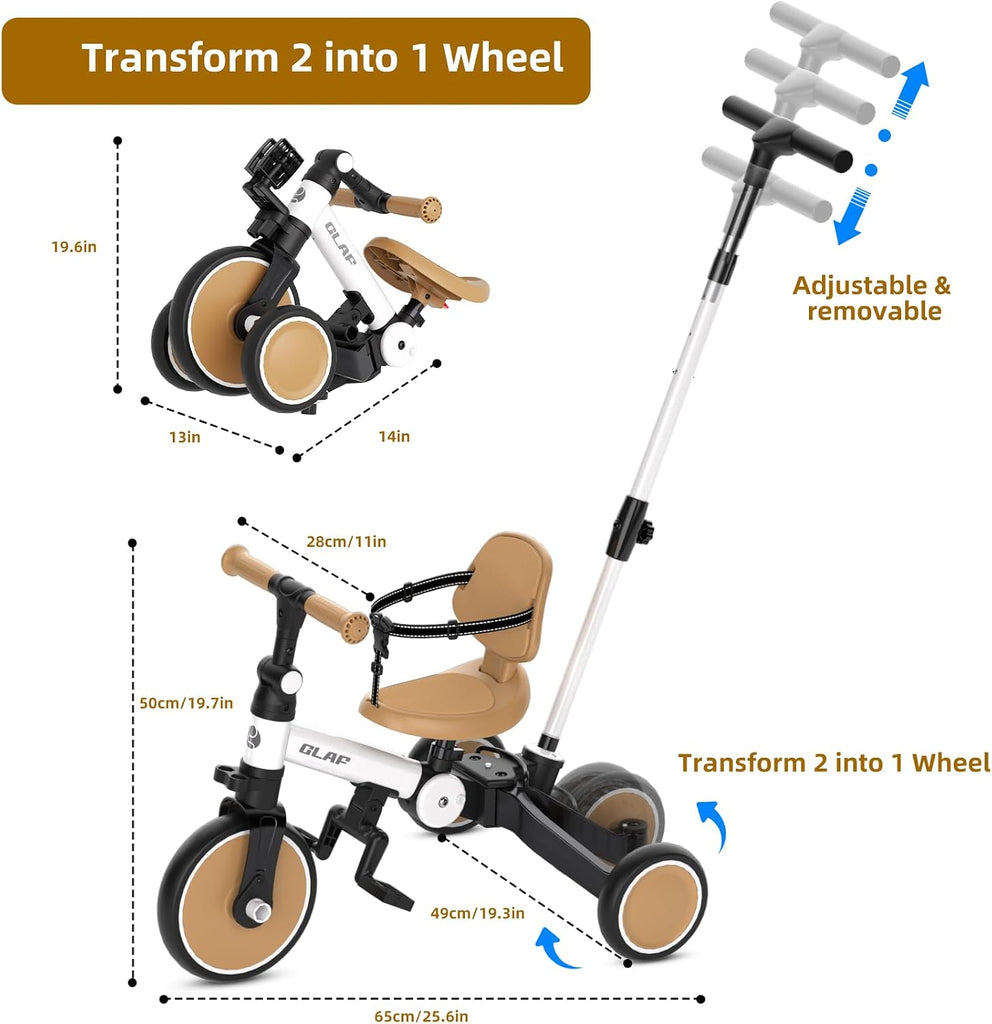 5 in 1 Tricycle with Push Handle for Toddlers 1-3 Years (White Brown)