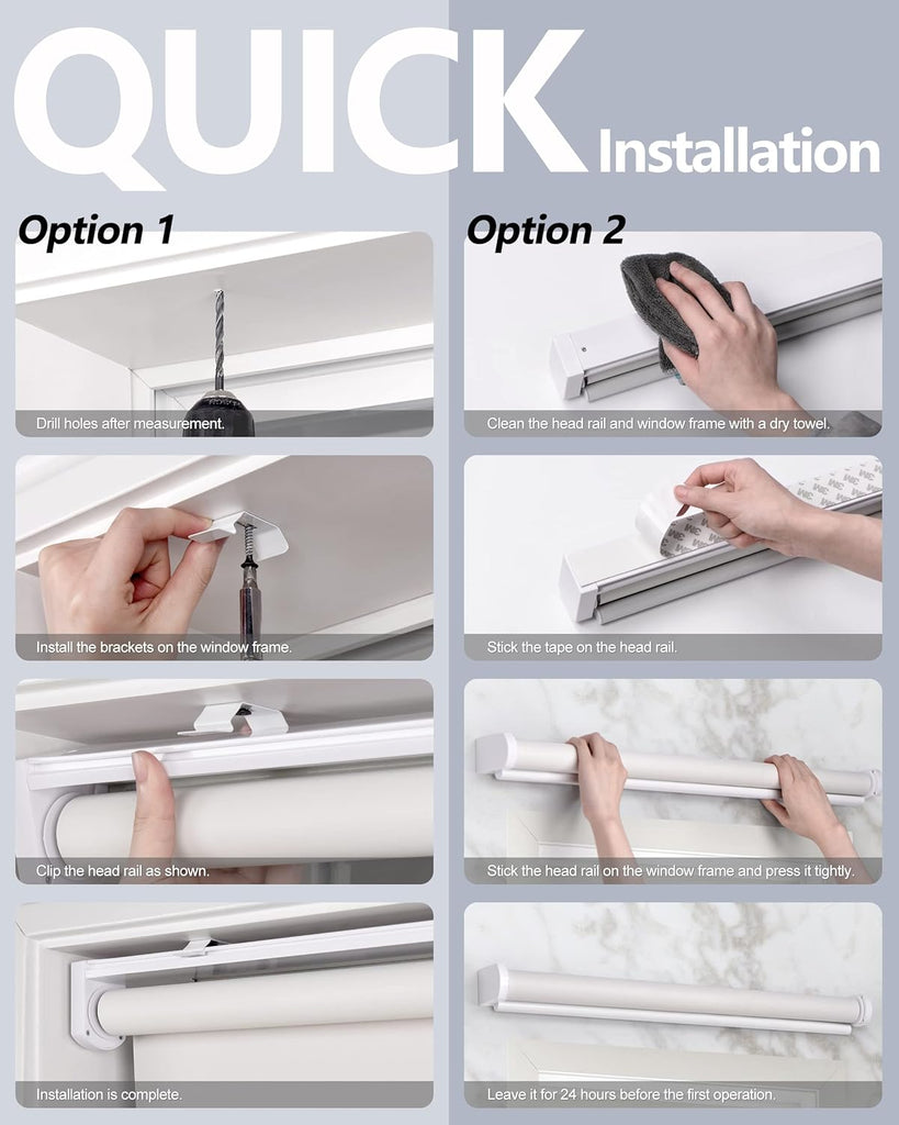 No Drill Cordless Roller Shades, 27x72, White | 100% Blackout Roller Blinds for Windows, Thermal Insulated UV