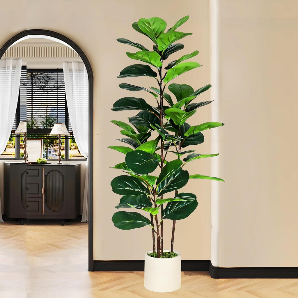 Artificial Fiddle Leaf Fig Tree with White Planter, 4FT Fake Plant with 4 Natural Wood Trunks and Faux Moss, Tall