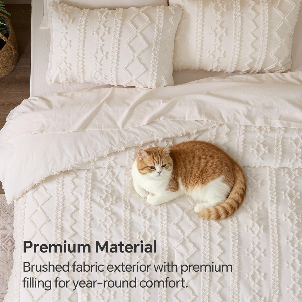 King Comforter Set 7 Pieces, Boho Bed in a Bag, Cream White