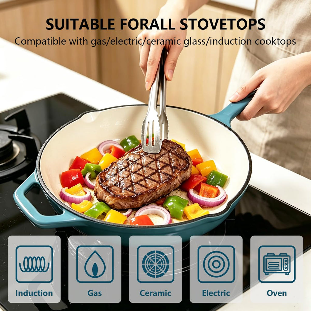 Enameled Cast Iron Skillet, Non Stick Fry Pan, Induction Compatible (Peacock Blue, 10 inch)