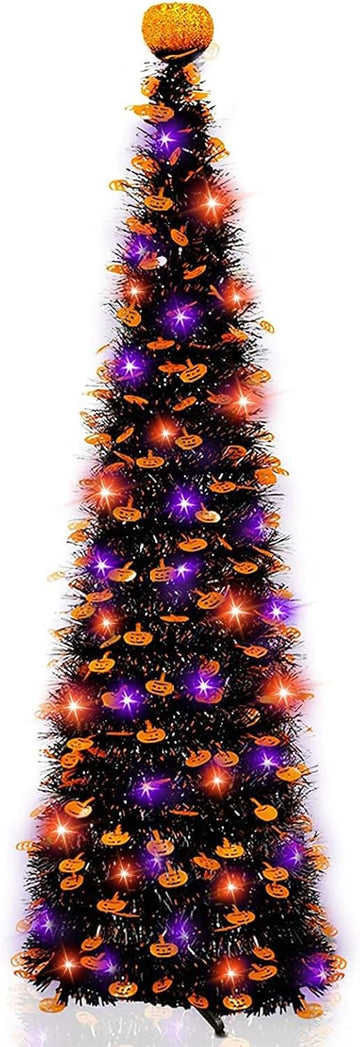 5Ft Black Tinsel Halloween Tree with Lights Halloween Decorations