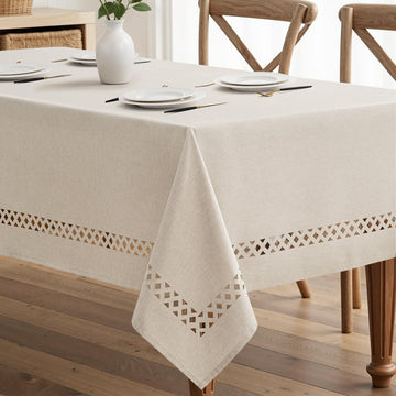 Beige Rectangle Linen Polyester Tablecloth with Decorative Cutouts Spring Waterproof Stain Resistant