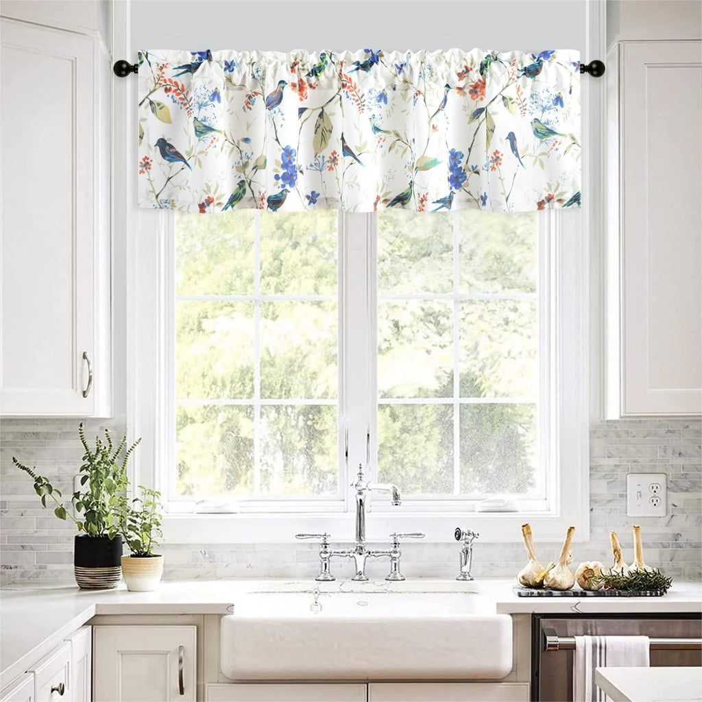 Birds Print Country Style Valance, Washable Faux Linen Window Topper for Small Windows, Decorative Rod Pocket Curtain