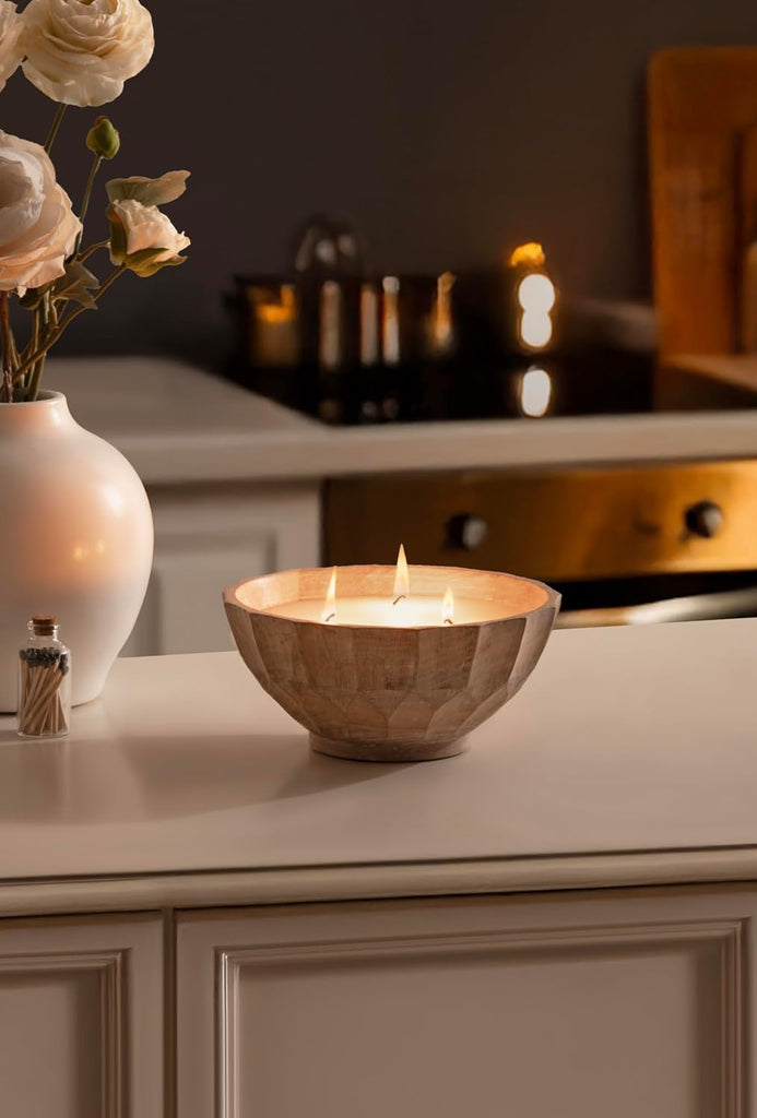 Plete Round Pleated Wood Candle Bowl, 8 Inch Diameter, Light Natural, Modern Scalloped Three-Wick Unscented Candle