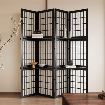 5.6FT Room Divider and Folding Portable Partition Screen, Chinese Japanese Shoji Style with Three Display Shelves for