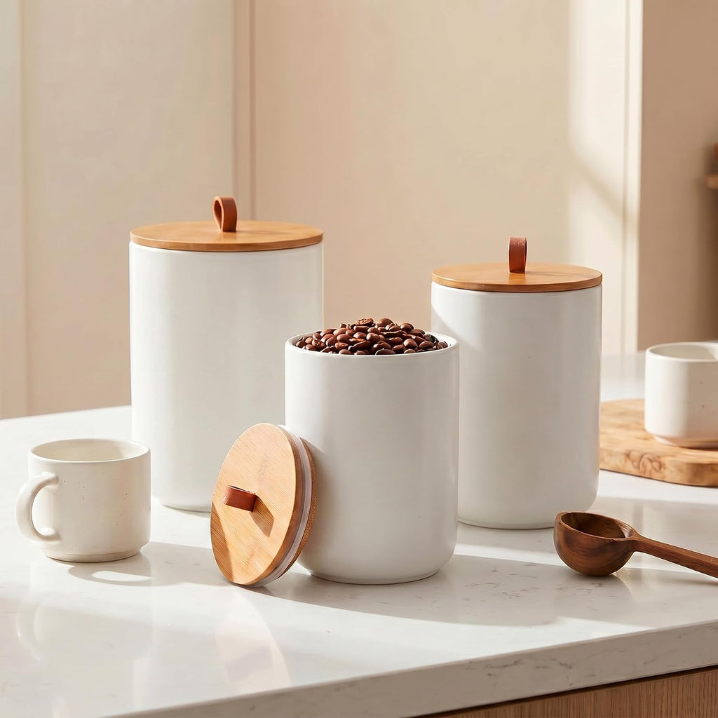 White Ceramic Food Storage Canister Set (30 oz, 48 oz, 82 oz) with Bamboo Lids, 3-Piece Airtight Jars for Flour - Set of 3
