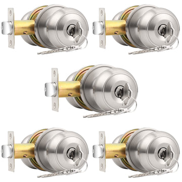 Keyed Alike Door Knobs with Lock and Key, Exterior Door Locks, Flat Ball Knob Style, Brushed Nickel, 5 Pack