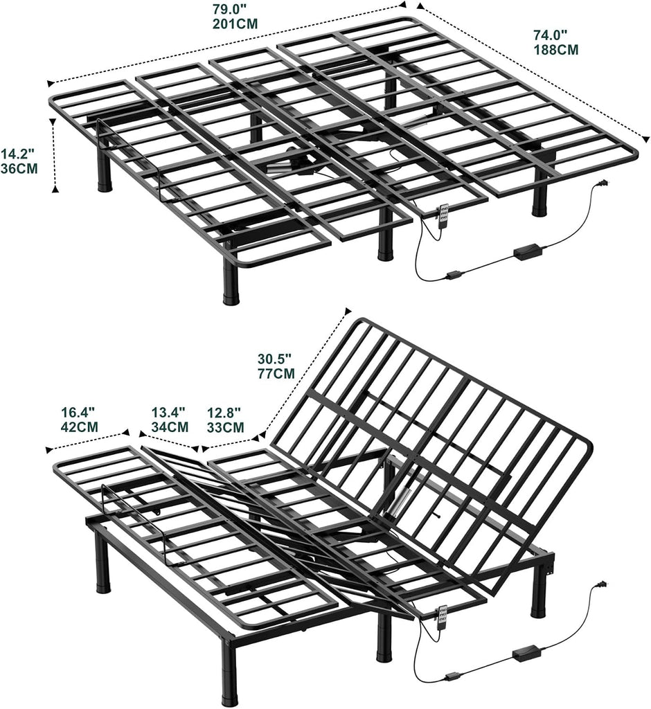 King Adjustable Bed Base, Wired Remote Control, Independent Head and Foot Incline, Electric Bed Frame Base