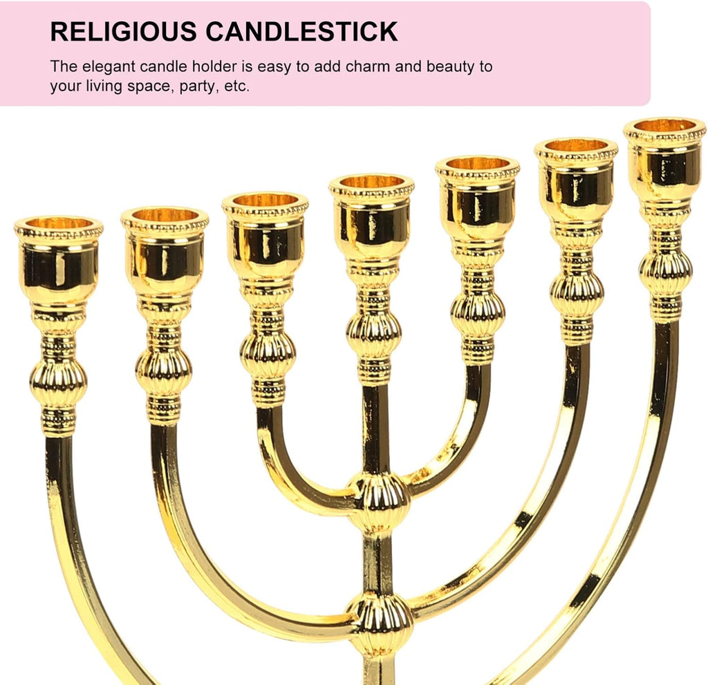 Israel 7-Branch Candle Holder - Golden Metal Candelabrum for Hanukkah, Jewish Decor, and Gifts - 6.68 X 5.31 X 2.55