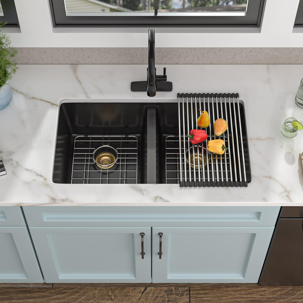 33"x19" Granite Composite Kitchen Sink Black Double Bowl
