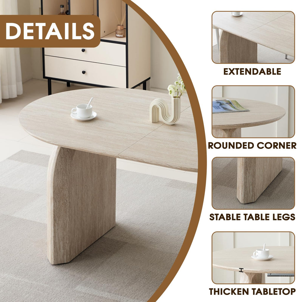 59.06"-90.55" Extendable Dining Table for 6 8 10, Modern Oval Kitchen Table with Dual Pillar Base, Wooden Expandable