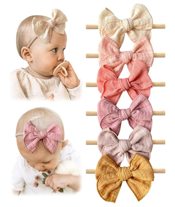 Baby Girl Muslin Headbands, 6pcs Cotton Baby Bows for Newborns