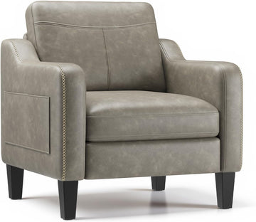 PU Leather Accent Chair, Mid-Century Modern Living Room Armchair Sofa with Removable Cushions, Solid Wood - Set of 2