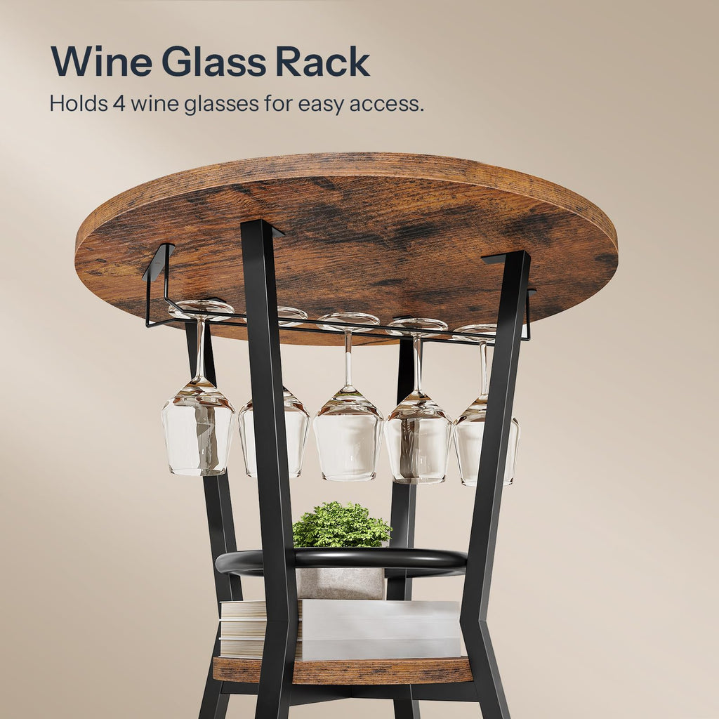 Round Bar Table, 2-Tier Counter Height Pub Table with Wine Glass Holder, Industrial Cocktail Table, for Small Space