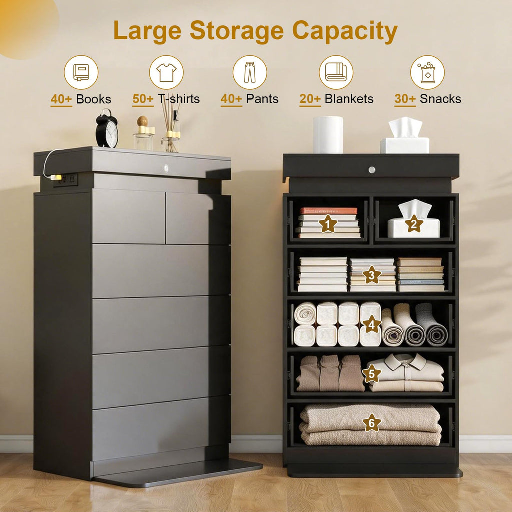 48" Tall Black Dresser 6 Drawer with LED Lights & Charging Station