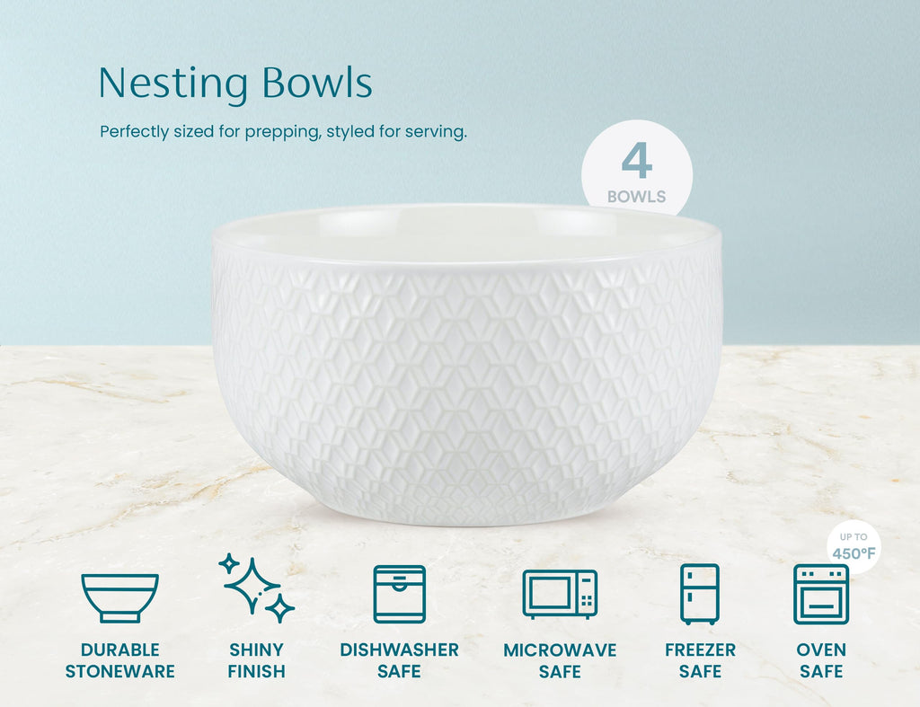 Ceramic Nesting Bowls, Embossed, Oven Safe, Set of 4, Marshmallow