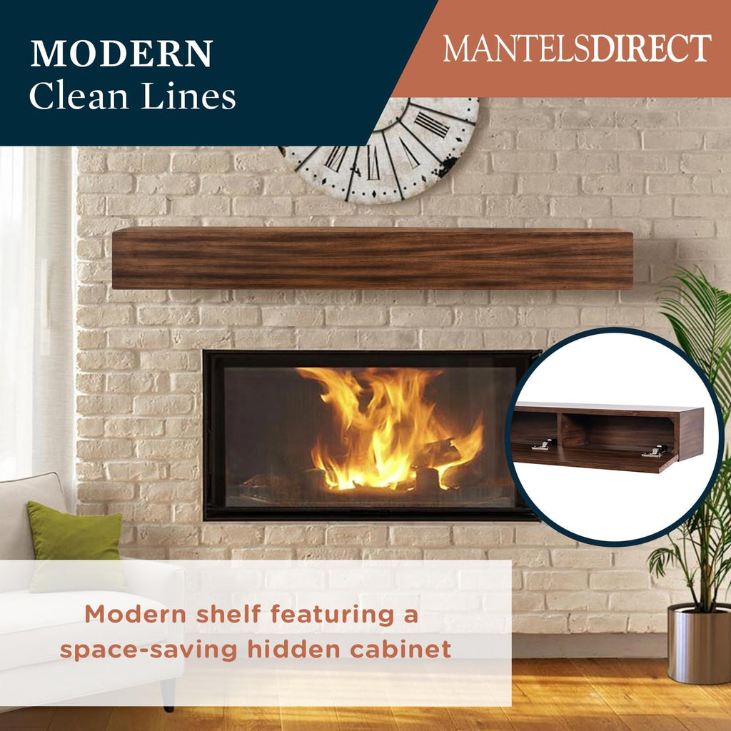 Floating Wood Mantel Shelf with Hidden Storage Compartment - Mocha 60 Inch | Beautiful Wooden Rustic Shelf