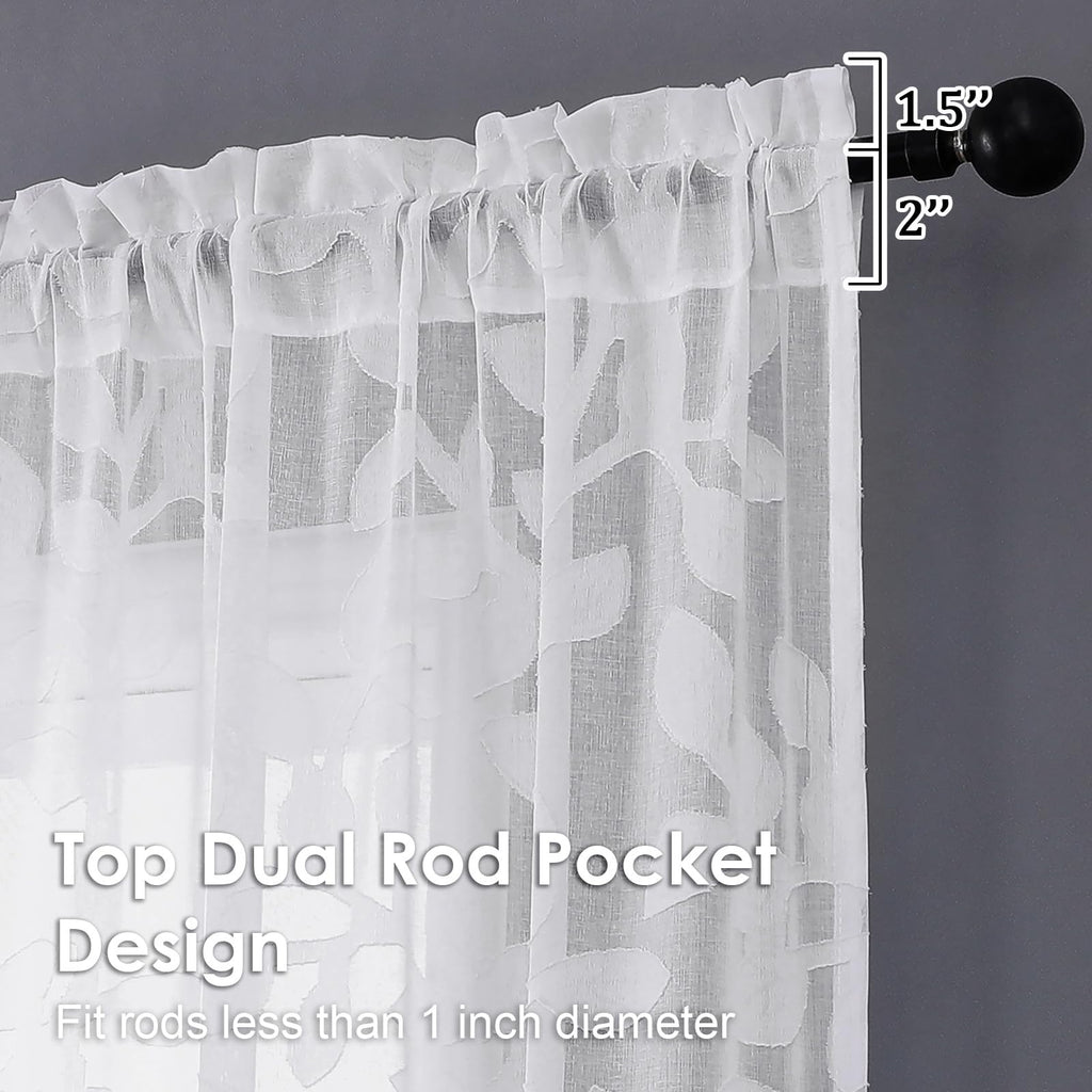 White Sheer Curtains 96 inches Long 2 Panels, Jacquard Clip Leaf Pattern Textured Light Filtering Window Semi Sheer