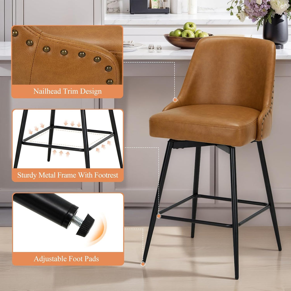Bar Stools Set of 4, 26" Swivel Counter Height Chairs with Back,Thick Padded Seat & Footrest,Modern Faux Leather