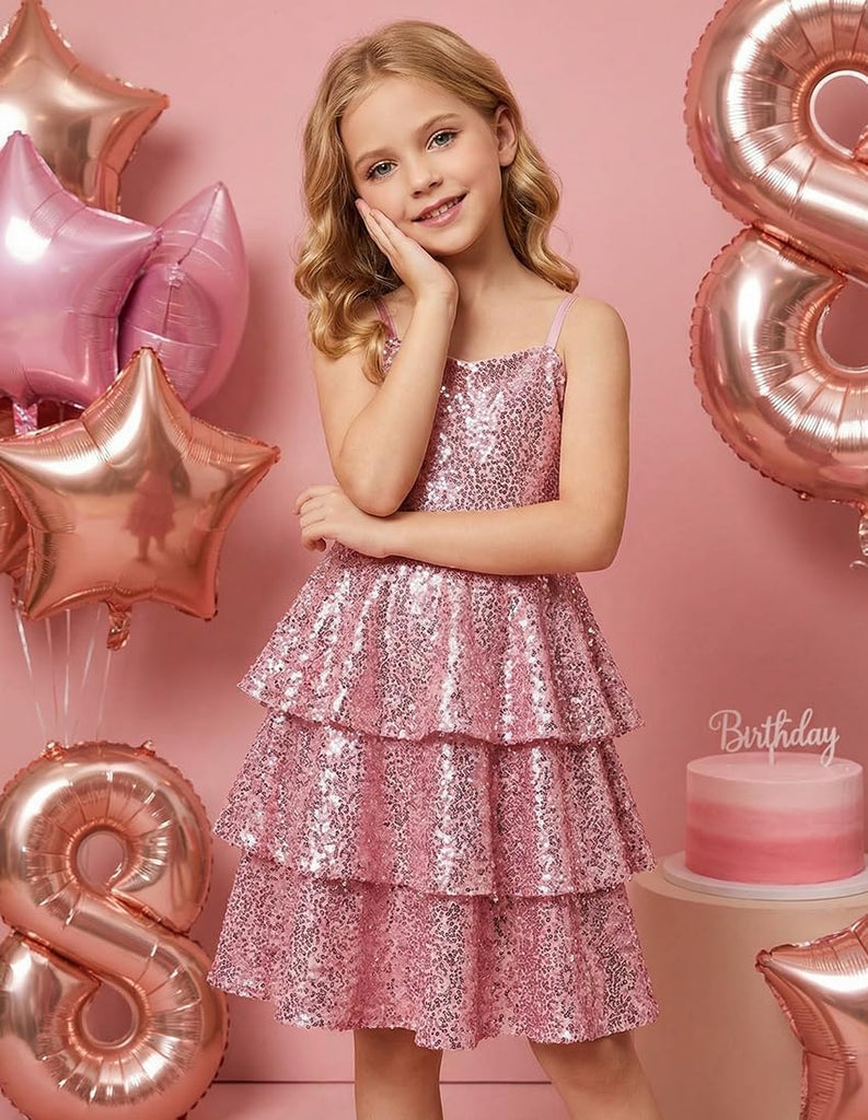Girls Sequin Formal Dresses Kids Party Special Occasion Fancy Dress Tie Back 3 Layer Prom Graduation Outfits