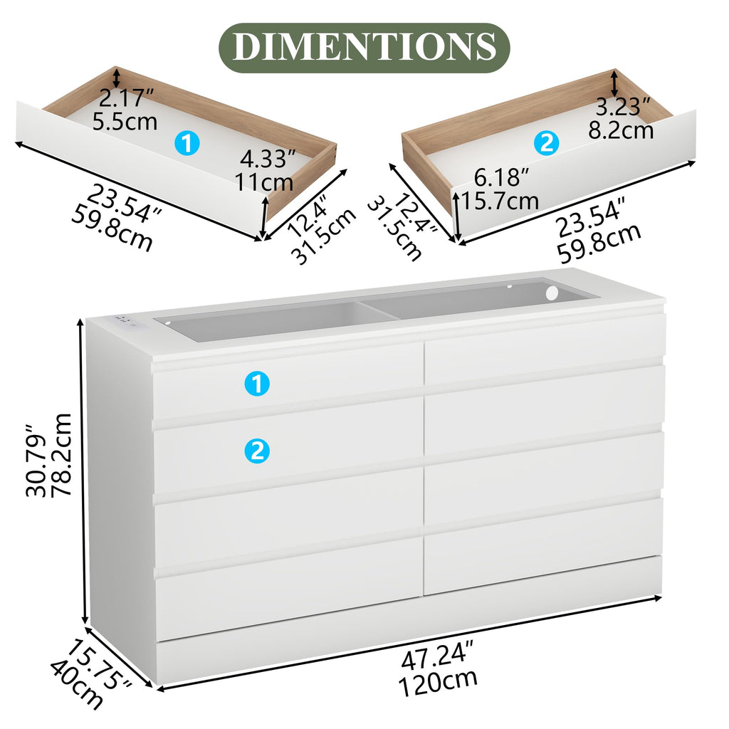 8 Drawer Dresser with Power Outlet, Modern Chest of Drawers with LED Light & Glass Top, Wood Double Dresser TV Stand