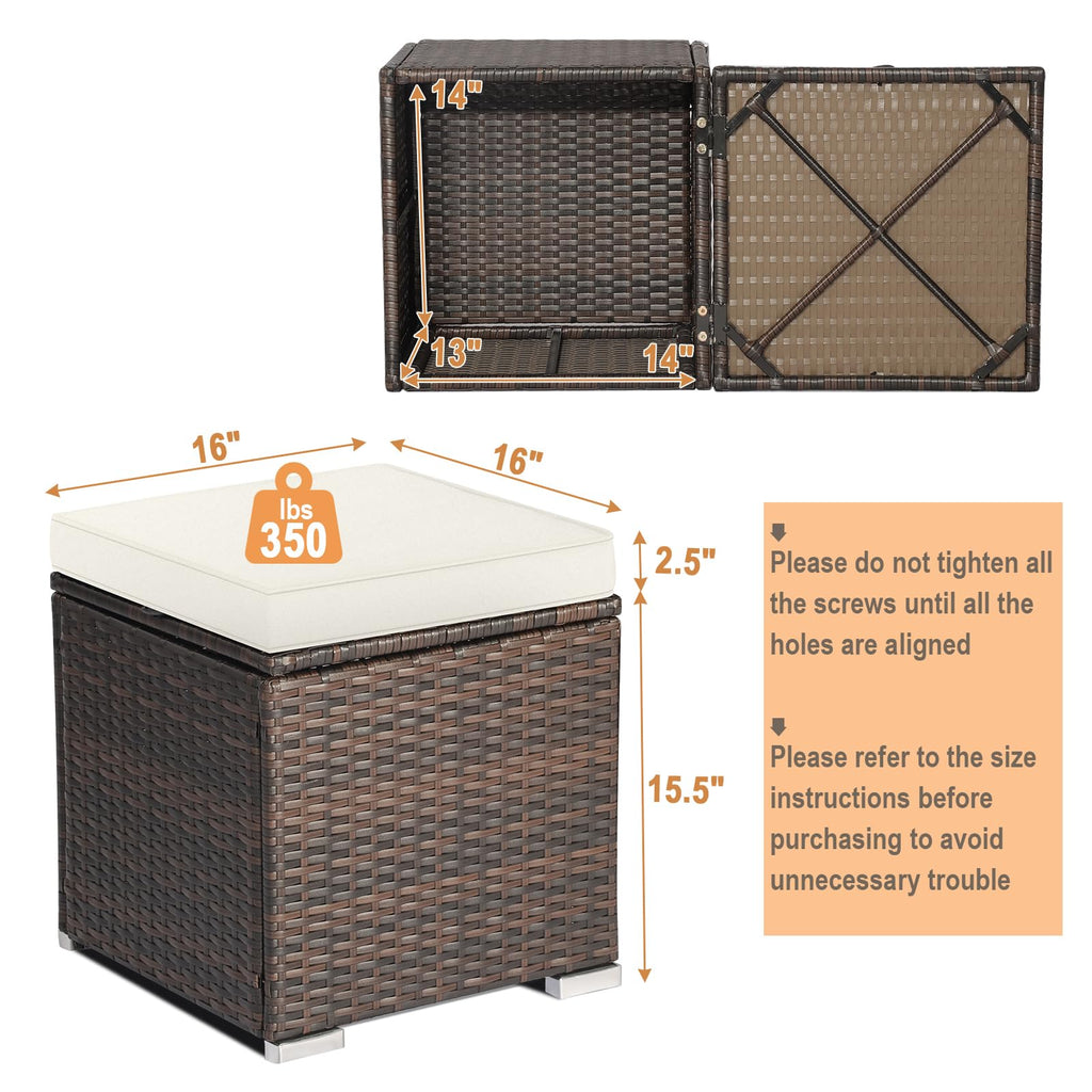 Patio Wicker Ottoman Set of 2, Multipurpose Outdoor Footstool w/Removable Cushions, Rattan Side Table w/Storage