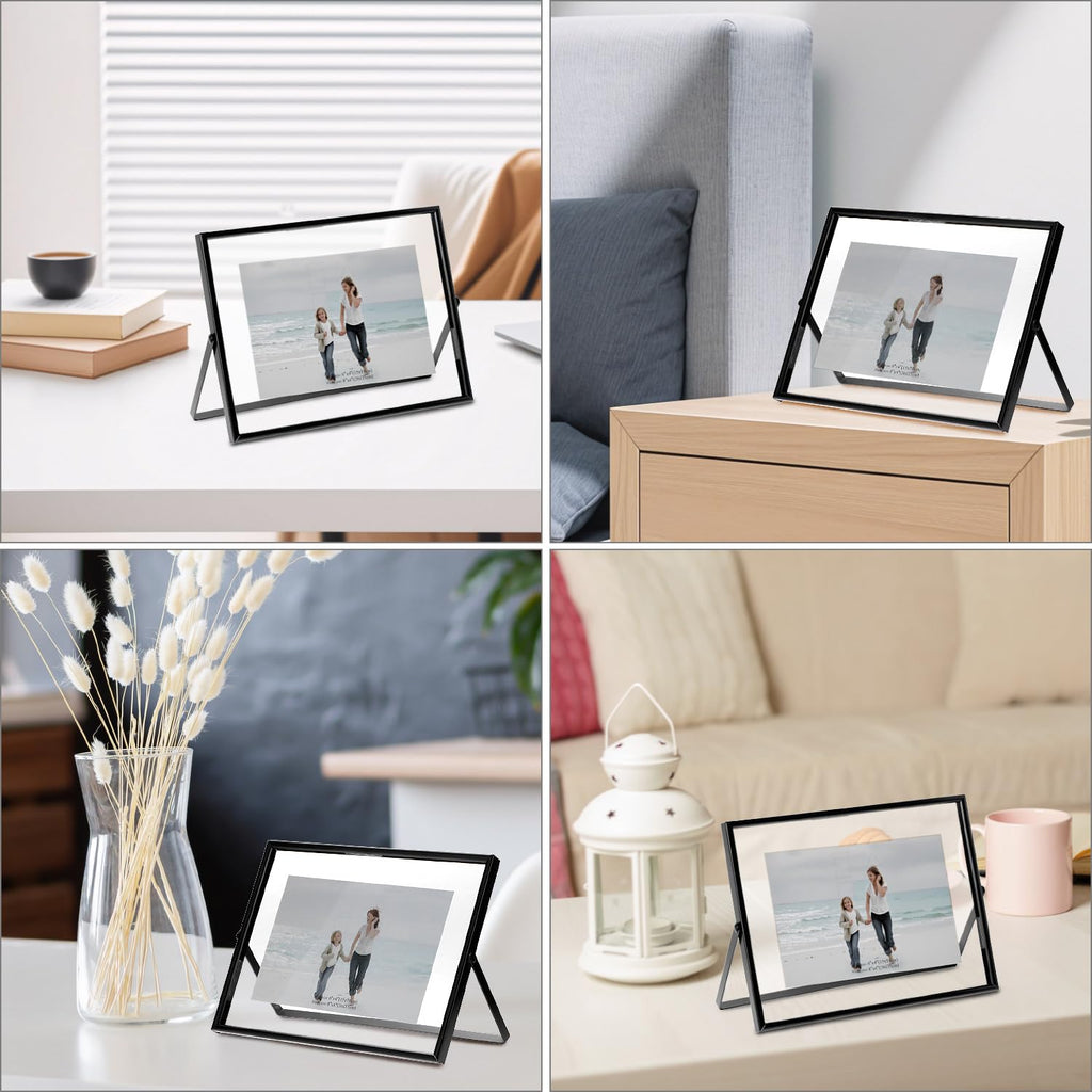 6x8 Inch Black Floating Picture Frame Horizontal, Fits 5x7 4x6 3x5 Photos, Glass Double Panel Metal Frame for