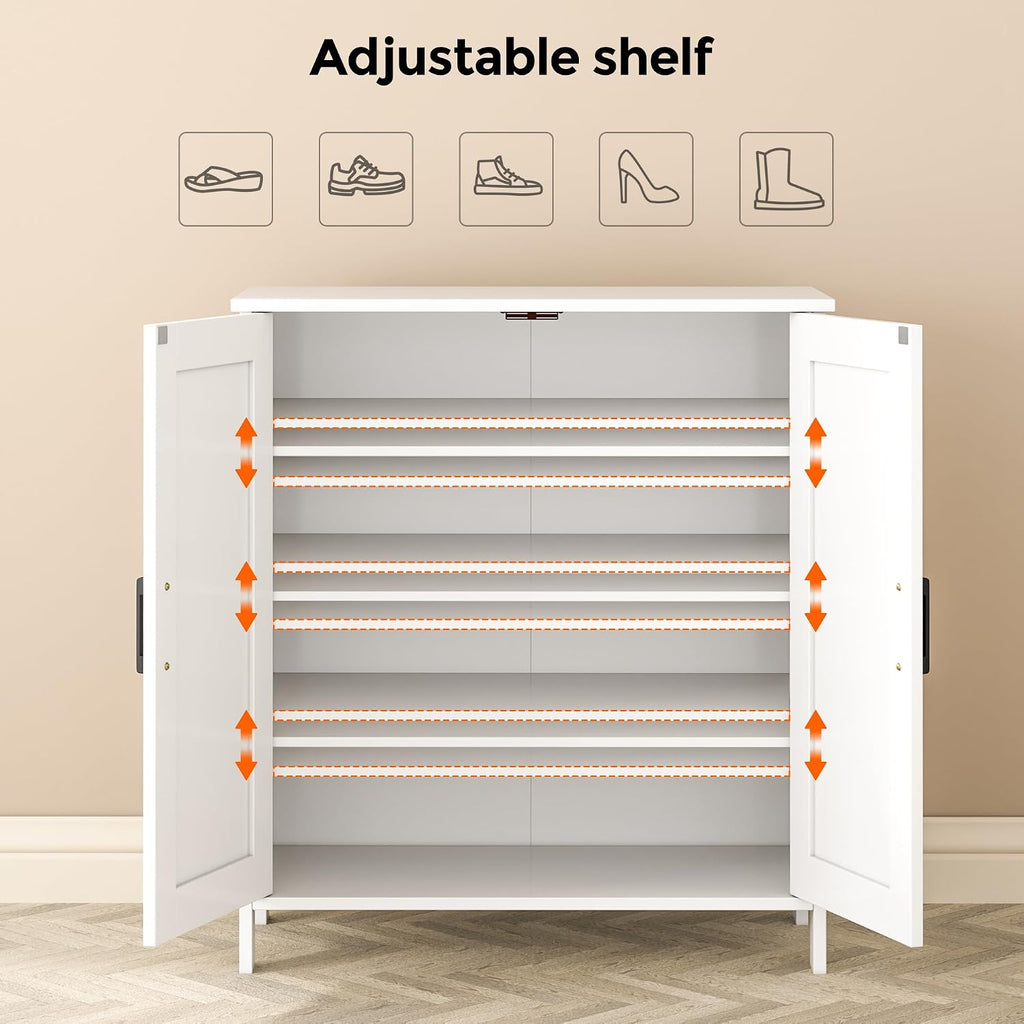Farmhouse Shoe Cabinet with 2 Barn Doors & Wood Legs, 5-Tier Shoe Storage Cabinet with 3 Adjustable Shelves, Tall