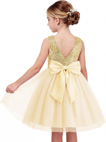 Flower Girl Dress Sequin V-Back Tulle Wedding Party Prom Ball Gown