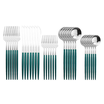 Silverware Set - 30 Piece Family Dinnerware Set - Flatware Set Service For 6 - Green Silver Tableware Sets - Cutlery