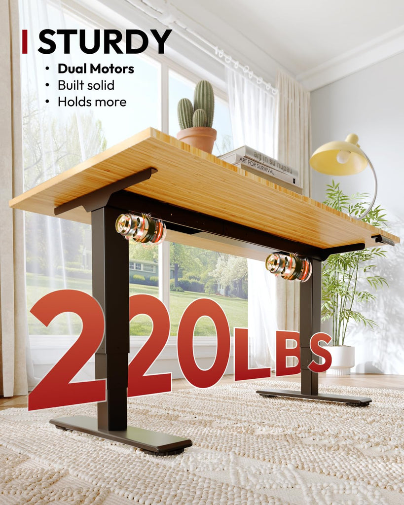 Solid Bamboo Dual Motor Standing Desk, 220 lbs, 55×28