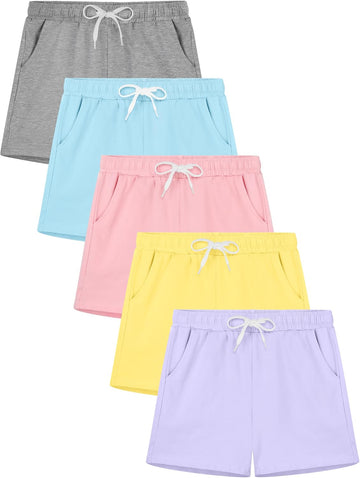 5 Pack Girls Athletic Shorts Active Performance Shorts Kids Summer Sports Running Yoga Short with Drawstring