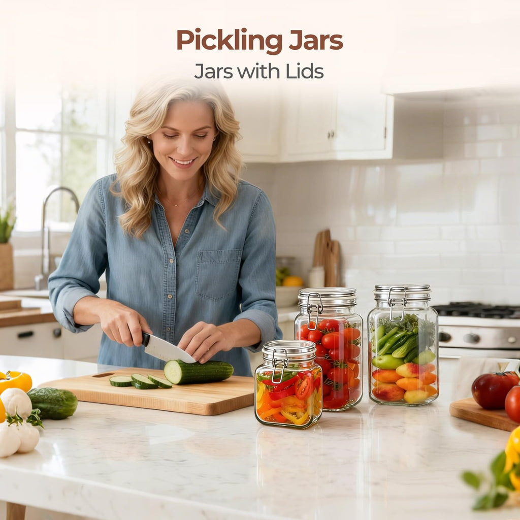 Square Glass Jars with Airtight Lids 51 oz 3 Pack Wide Mouth