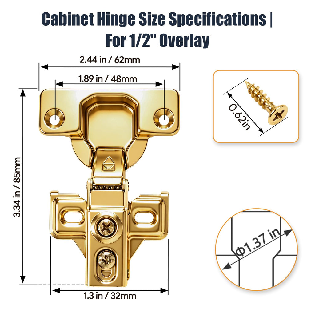40 Pack (20 Pair) Soft Close Cabinet Hinges, 1/2 Overlay Soft Close Hinges Cabinet, Stainless Steel, Built-in Damper